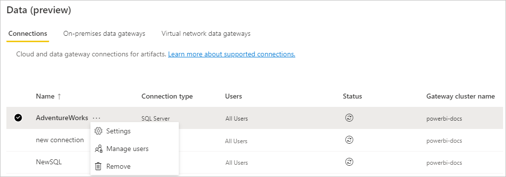 Screenshot che mostra la selezione Impostazioni per l'origine dati del gateway.