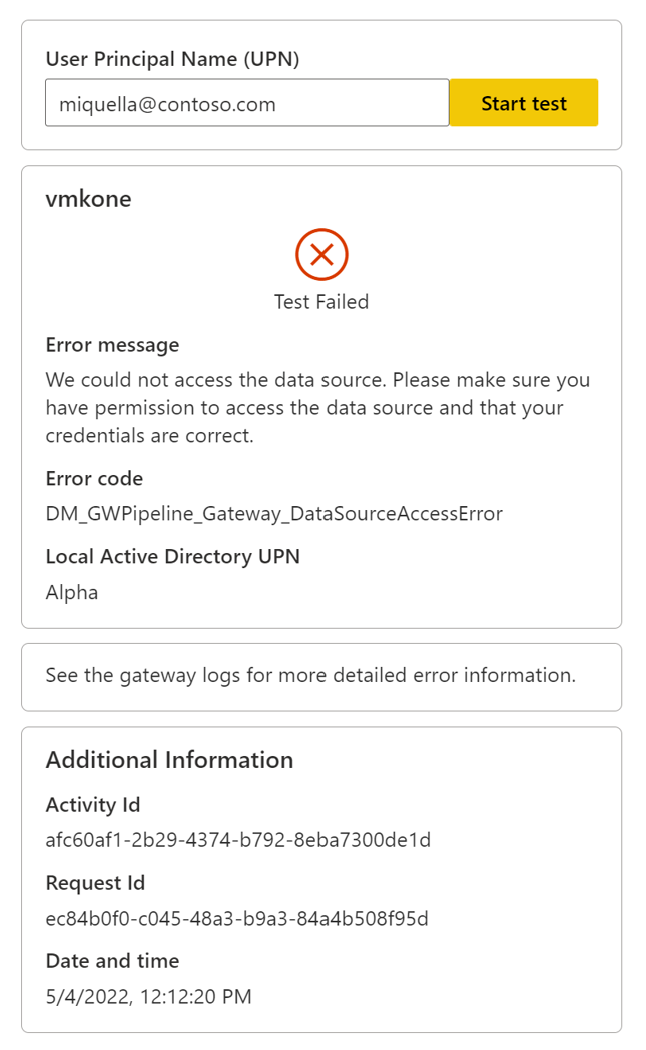 Screenshot della finestra di dialogo di errore quando il test ha esito negativo perché l'UPN non ha accesso all'origine dati.