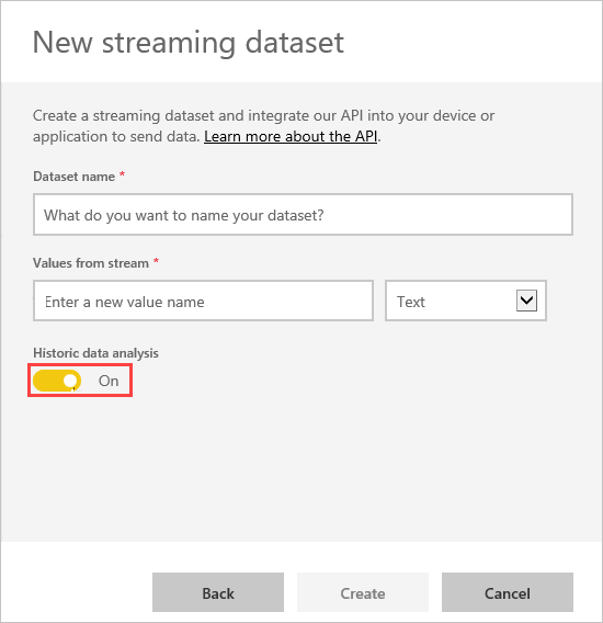 Screenshot di Nuovo modello semantico di flusso che mostra Analisi dati cronologici abilitata.