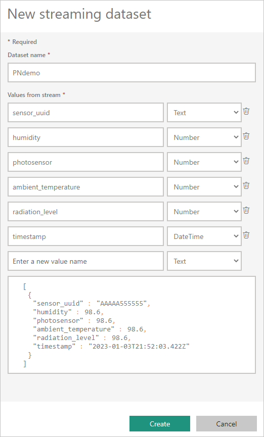 Screenshot della finestra di dialogo Nuovo modello semantico di flusso con le impostazioni predefinite per Nome del modello semantico e Valori dei campi del flusso.