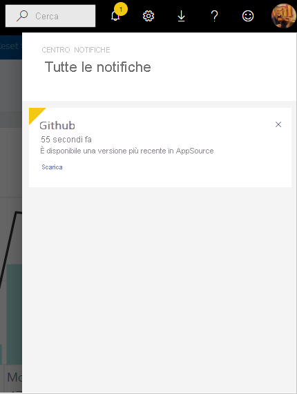 Screenshot dell'icona di notifica di Power BI espansa per visualizzare tutte le notifiche.