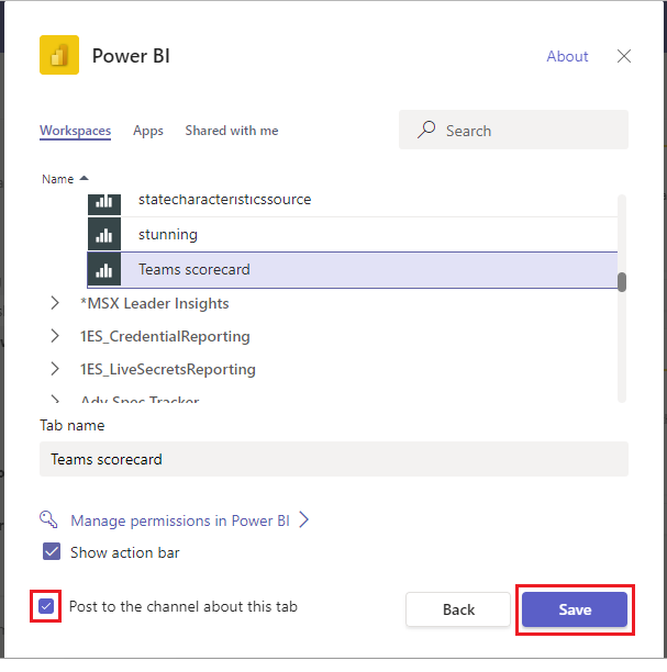 Selezionare Salva per completare l'aggiunta della scorecard al canale come scheda.