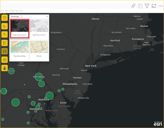 Screenshot delle mappe di base disponibili con la mappa di base canvas grigio scuro selezionata e applicata.