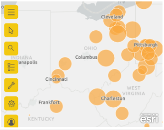 Screenshot di una mappa ArcGIS e di tutte le opzioni dello strumento mappa visualizzate.