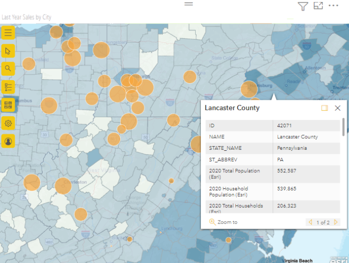 Screenshot della mappa ingrandita su Lancaster County e che visualizza un tooltip.