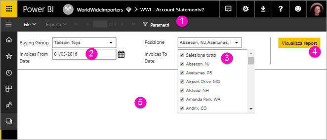 Screenshot che mostra Visualizza un report impaginato con parametri.