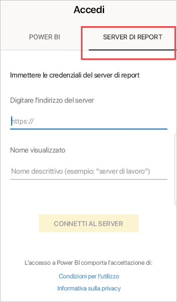 Screenshot della finestra di dialogo Accedi con il Server di report evidenziato.