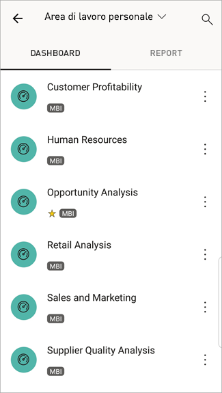 Screenshot che illustra la schermata di un telefono Android con Area di lavoro personale con l'opzione DASHBOARD selezionata.