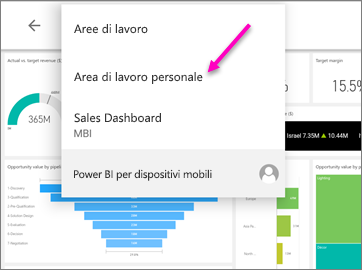 Screenshot che illustra il menu della barra di navigazione su un tablet Android con Area di lavoro personale evidenziata.