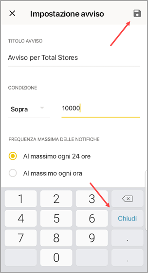 Screenshot dell'impostazione dell'avviso, che mostra i puntatori alle opzioni Salva e Fine.