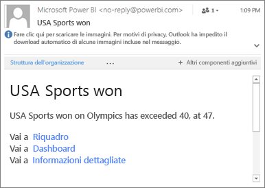 Screenshot di una notifica di posta elettronica, che mostra l'avviso.