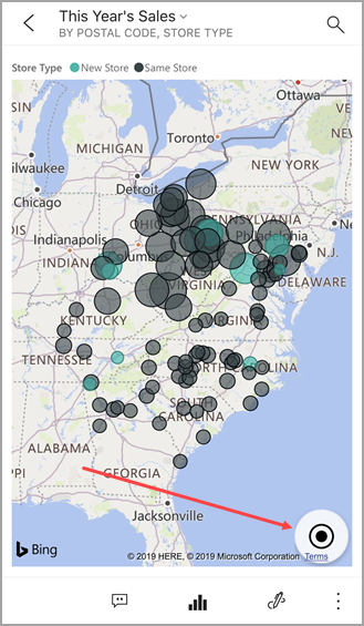 Screenshot di una mappa, che mostra l'icona Centra mappa per la posizione corrente corrispondente all'Alabama.