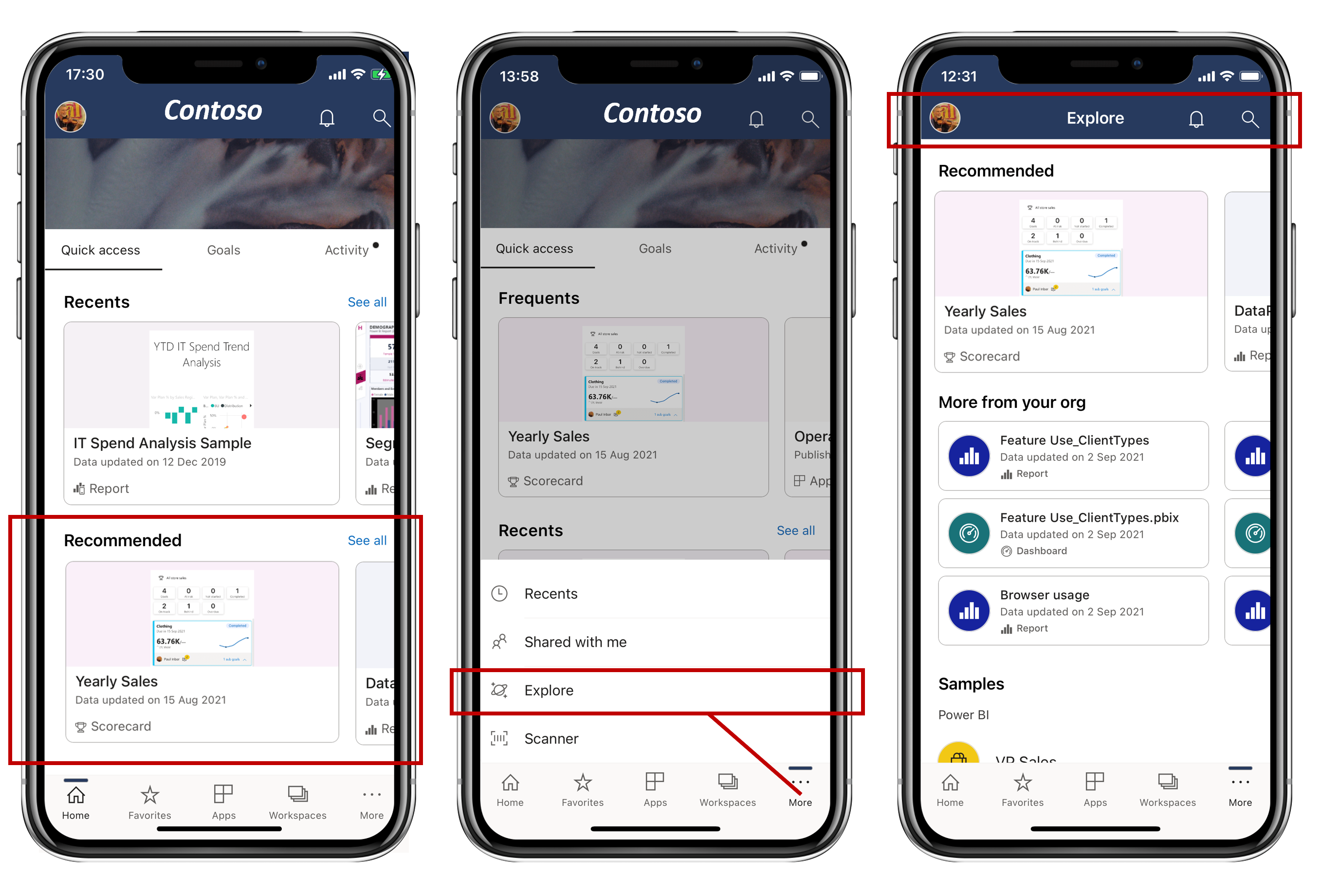 Screenshot di Esplora dell'app Power BI per dispositivi mobili.