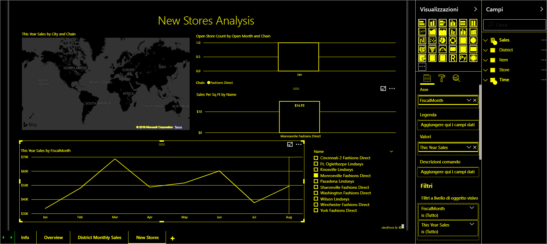 Impostazione del colore a contrasto elevato nel servizio Power BI che mostra testo giallo e oggetti visivi su uno sfondo nero.