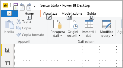 Screenshot di Power BI Desktop con i suggerimenti per i tasti.