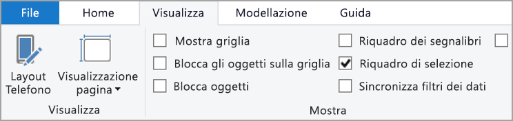 Screenshot della scheda Visualizza sulla barra multifunzione, con Selezione evidenziato.