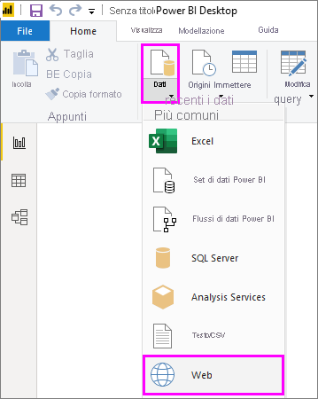 Screenshot di Power BI Desktop, con evidenziata la selezione di Web nel menu a discesa Recupera dati.