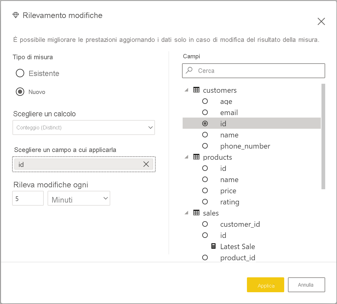 Finestra Rilevamento delle modifiche