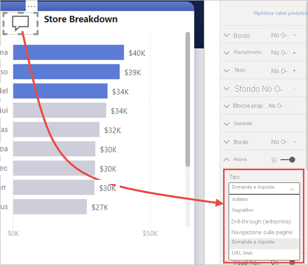 Screenshot che mostra le selezioni di azione per un pulsante in Power BI.