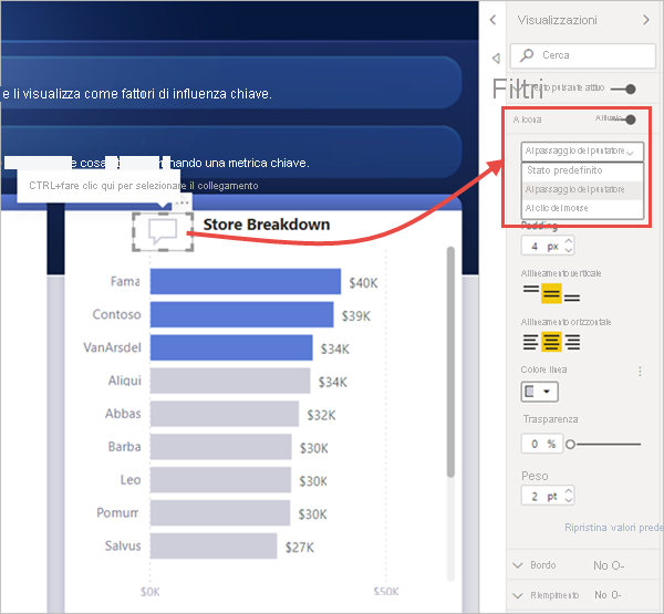 Screenshot che mostra lo stato attivo del passaggio del mouse di un pulsante in un report di Power BI.