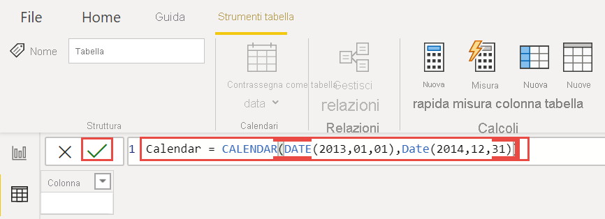 Screenshot del calendario dell'espressione DAX.