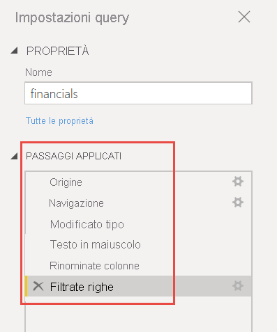 Screenshot dell'elenco di Passaggi applicati.