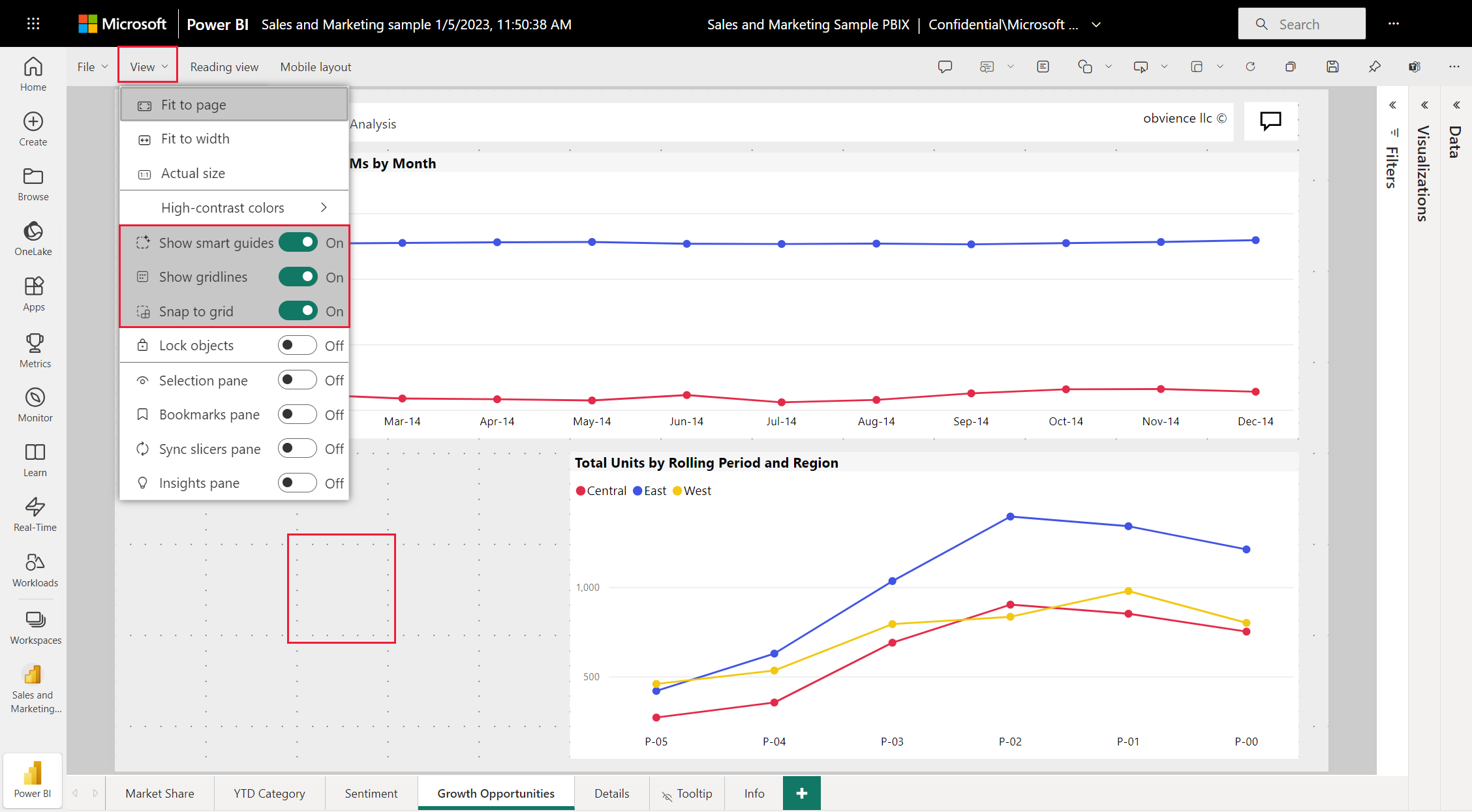 Screenshot del canvas del report, che mostra come abilitare le linee della griglia e bloccare gli oggetti alla griglia nei report di Power BI Desktop.