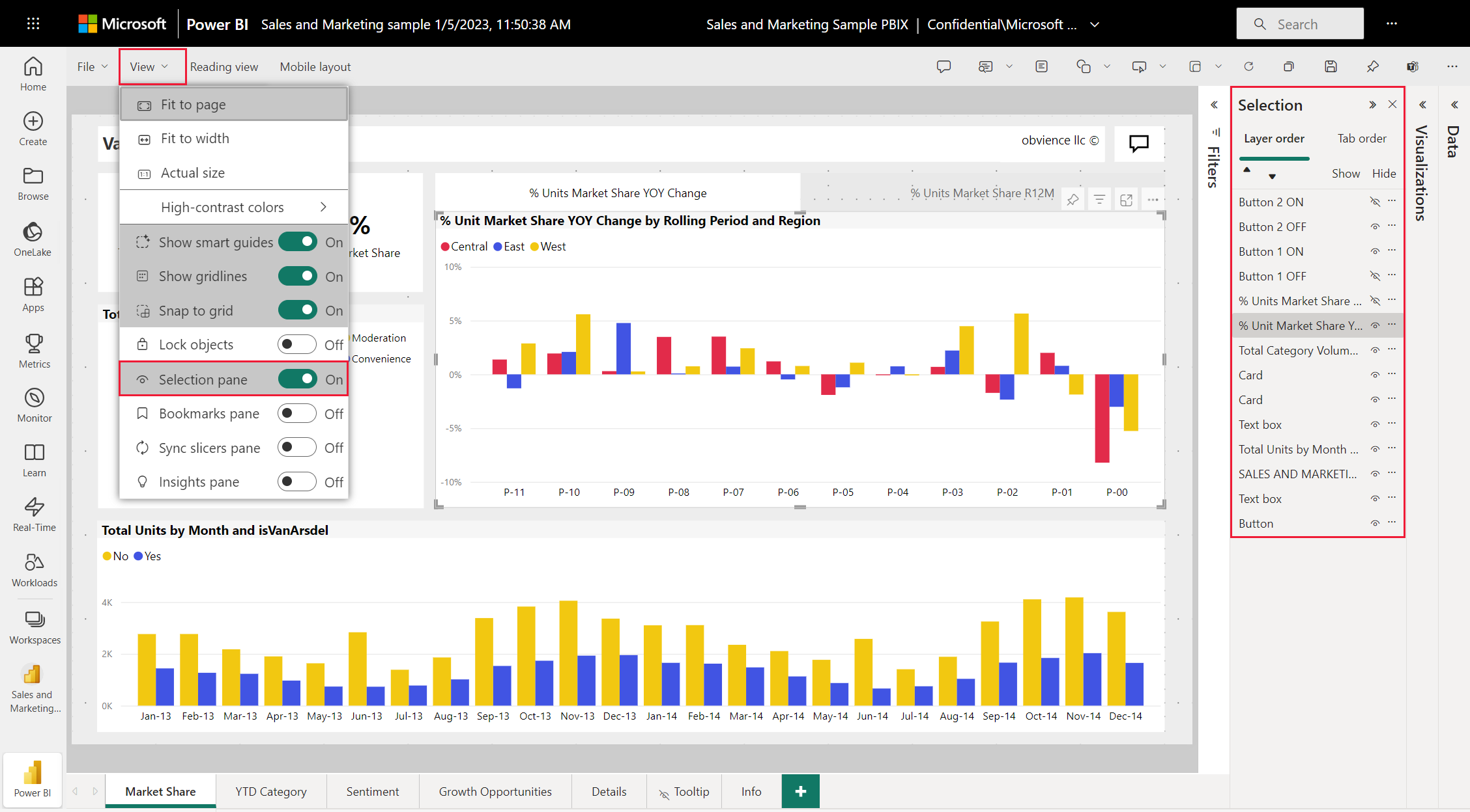 Screenshot dell'area di disegno del servizio Power BI, che mostra il riquadro Selezione, che imposta l'ordine degli oggetti visivi front-to-back.