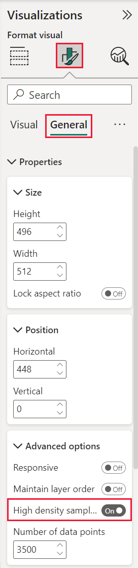 Screenshot del menu Visualizzazione, che mostra un puntatore al riquadro Formattazione oggetto visivo, alla scheda Generale e al dispositivo di scorrimento Campionamento ad alta densità.