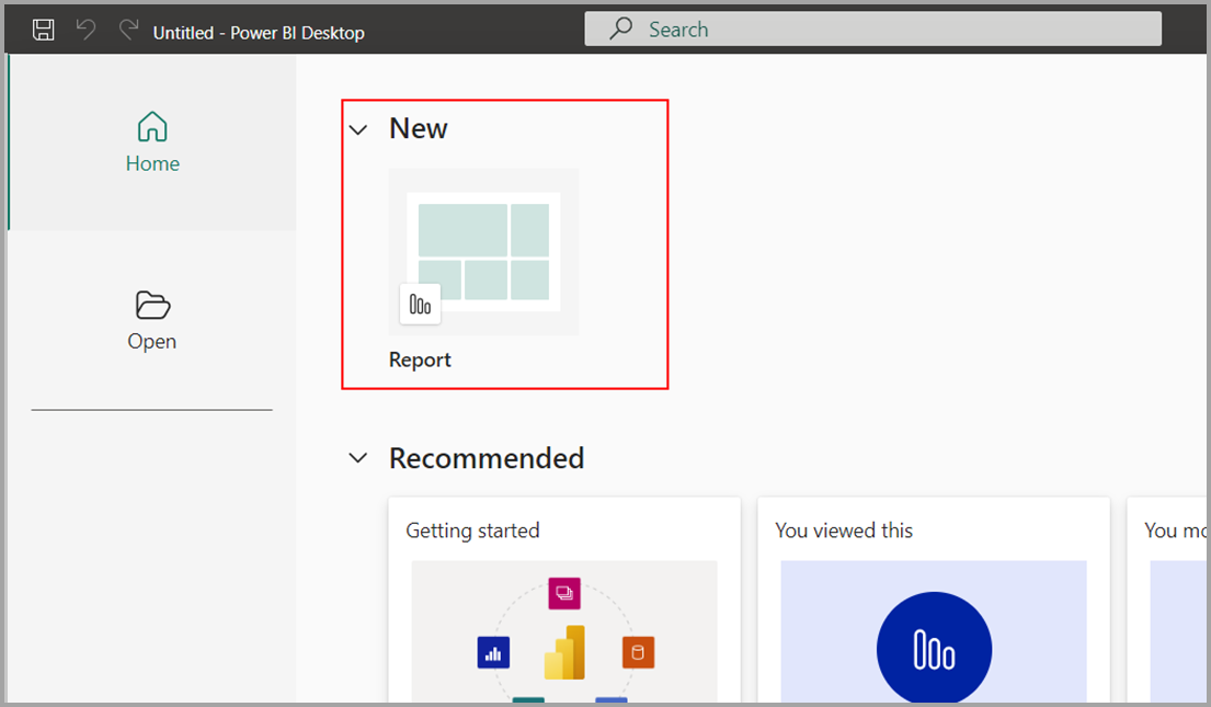 Screenshot della creazione di un nuovo report nella home page di Power BI Desktop.