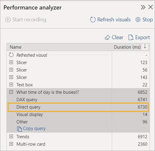 Immagine della schermata dell'analizzatore delle prestazioni per la creazione di report DirectQuery