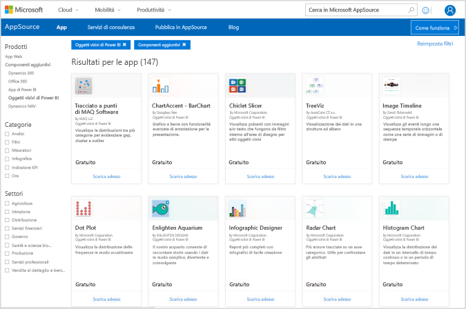 Screenshot di AppSource con un filtro per oggetti visivi di Power BI e Power Platform.