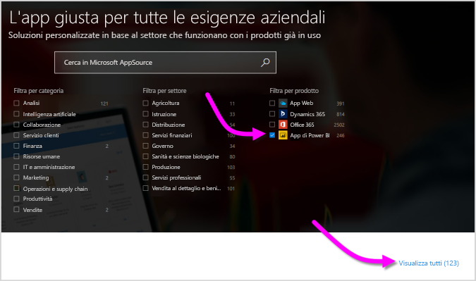 Screenshot di AppSource con l'opzione App di Power Platform selezionata in Prodotti.