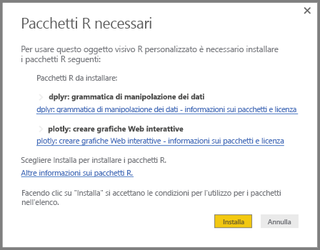 Screenshot che mostra i pacchetti R che devono essere installati per l'oggetto visivo personalizzato basato su R.