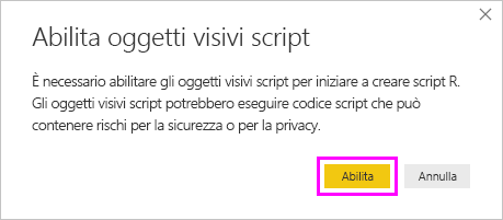 Screenshot della finestra di dialogo Abilita oggetti visivi script, con l'opzione Abilita evidenziata.