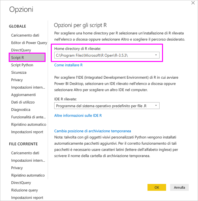 Screenshot della pagina delle opzioni per lo script R con l'opzione Home directory di R rilevate evidenziata.