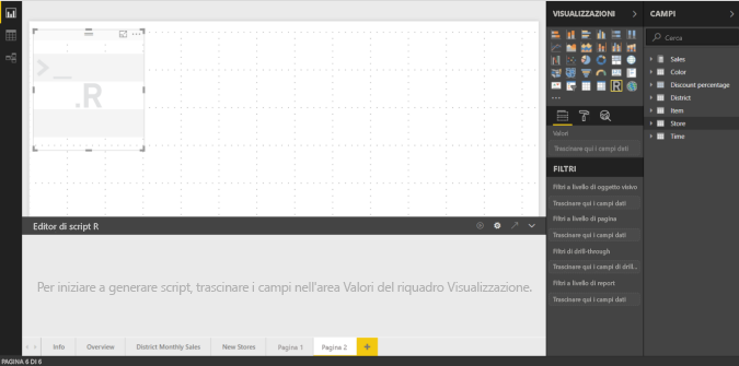 Screenshot dell'editor di script R di Power BI.