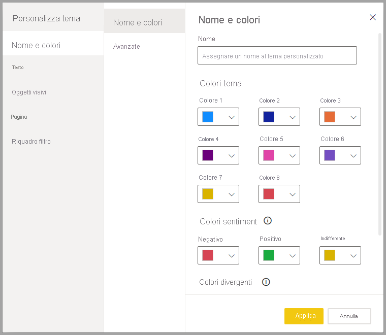 Screenshot della finestra di dialogo Personalizza tema.