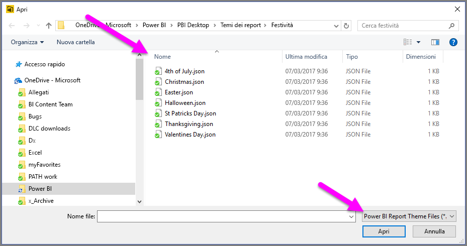 Screenshot della finestra di dialogo che elenca i file JSON dei temi Holiday.