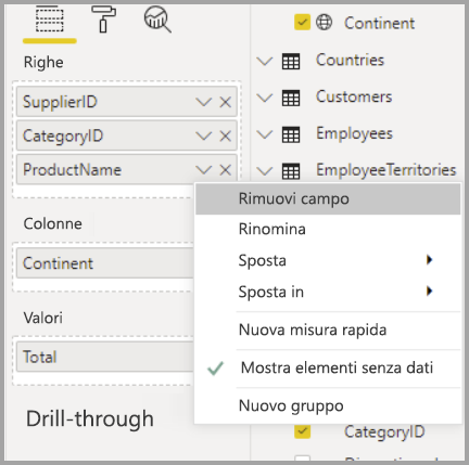 Screenshot del menu Campi in cui è evidenziata la funzionalità Mostra elementi senza dati disponibile nel menu di scelta rapida IDFornitore.