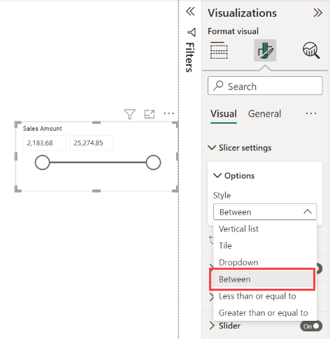 Screenshot del menu del filtro dei dati per un intervallo numerico.