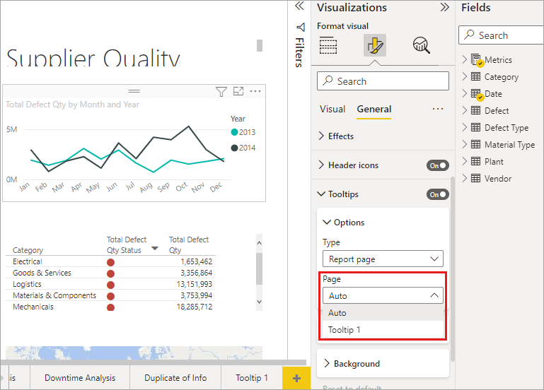 Screenshot che mostra come selezionare la descrizione comando predefinita per un oggetto visivo.