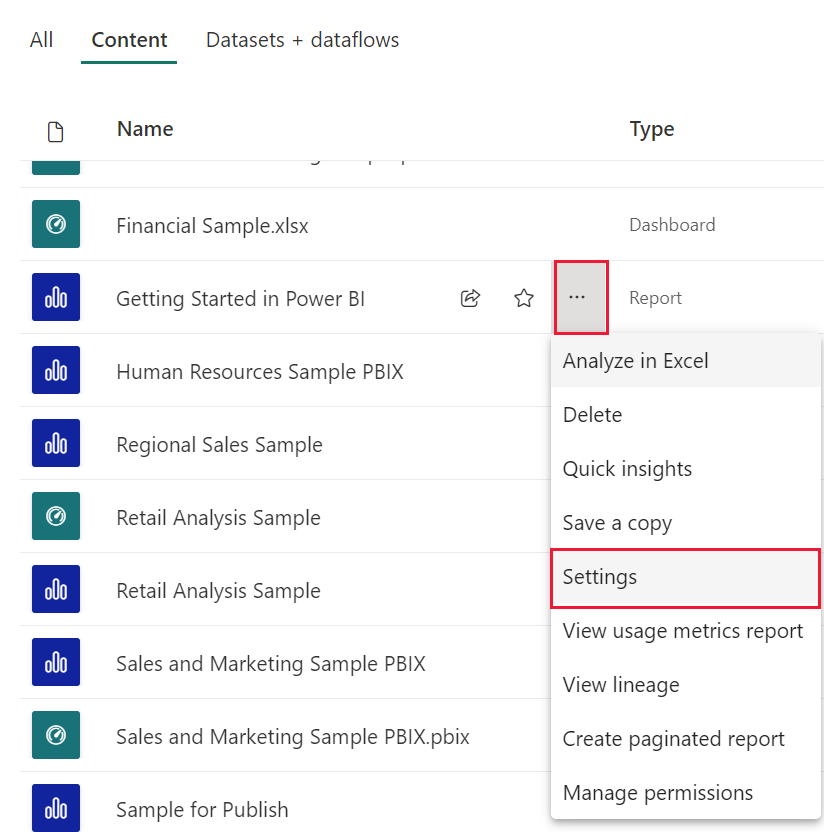 Screenshot che evidenzia le impostazioni del report nel servizio Power BI.