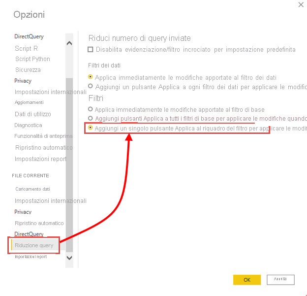Screenshot del menu Opzioni, con evidenziato Aggiungi un singolo pulsante Applica al riquadro filtro per applicare le modifiche contemporaneamente.