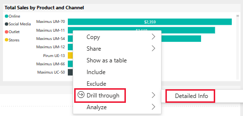 Screenshot che mostra il menu di scelta rapida per un campo dati con drill-through e Informazioni dettagliate selezionate.