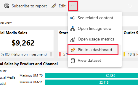 Screenshot che mostra una pagina del report di Power BI con l'opzione Aggiungi a un dashboard evidenziata.