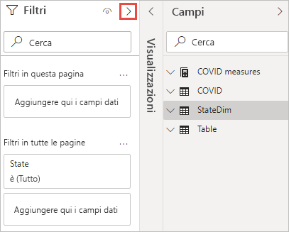 Screenshot che mostra come espandere il riquadro Filtri.