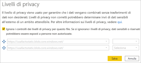 Screenshot che mostra come selezionare i livelli di privacy.