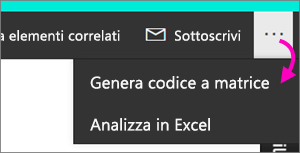 Screenshot di un report, con File e Genera un codice a matrice evidenziati.