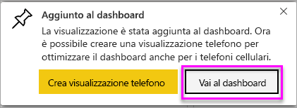 Screenshot di un messaggio di operazione riuscita, con l'opzione Vai al dashboard evidenziata.